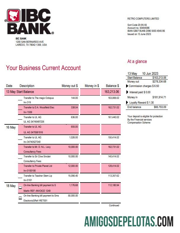 Realista IBC Bank Business Checking modelo de extrato de conta Word e PDF